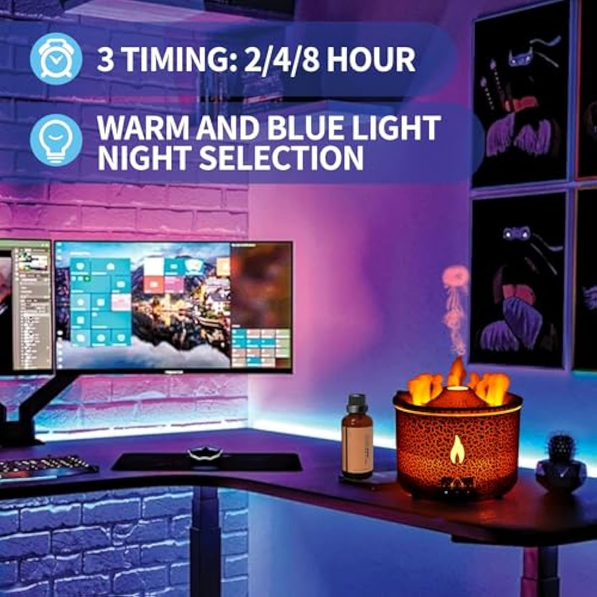 BOHOFAM Aroma Essential Oil Diffuser 360 ML,Volcano and Flame Diffuser/Humidifier,give1.76 oz Hotel Collection Essential Oils,Blue/red Light Selection,Diffusers for Home,Large Room(Black Cracks)