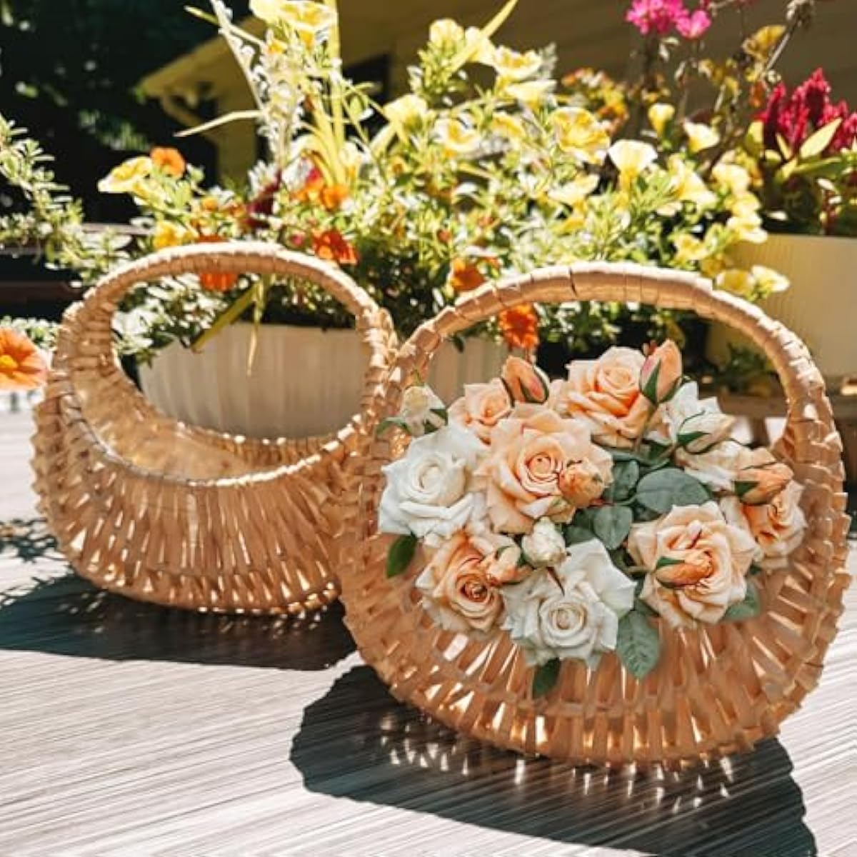 3 Pack Flower Girl Baskets Small Half Moon Wicker Basket with Handle Rattan Basket with Plastic Lining for Wedding, Picnic, Garden, Home Decor