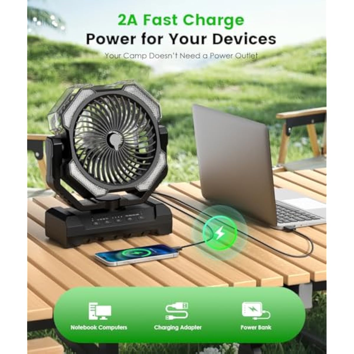 Camping Misting Fan - 24000mAh Portable Battery Powered Fans with 9oz Water Tank, Light, Hook - Rechargeable, 120H Cooling, Last 5H Mist, 4 Speed, Sleep Mode - Outdoor Gear, Travel Essentials