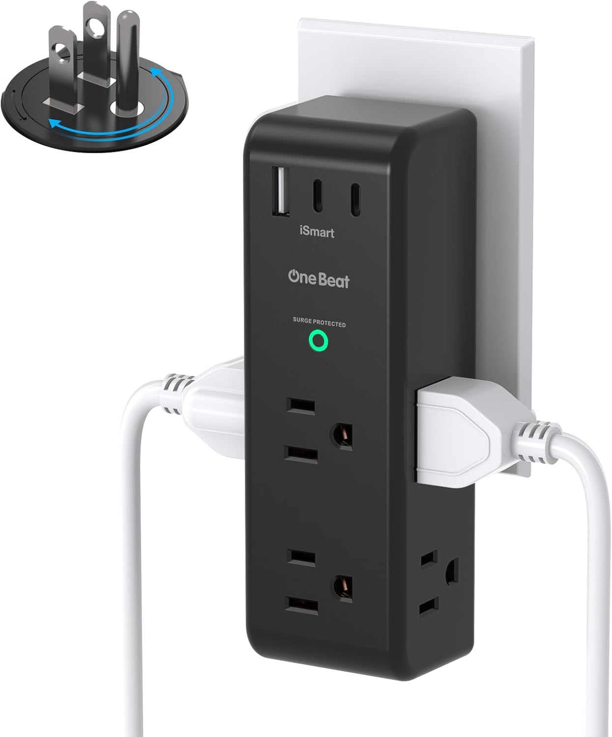 Surge Protector Outlet Extender - with Rotating Plug, 6 AC Multi Plug Outlet with 4 USB Ports (2 USB C), 1800J Wall Charger, 3-Sided Power Strip with Spaced Outlet Splitter for Home, Office, Travel