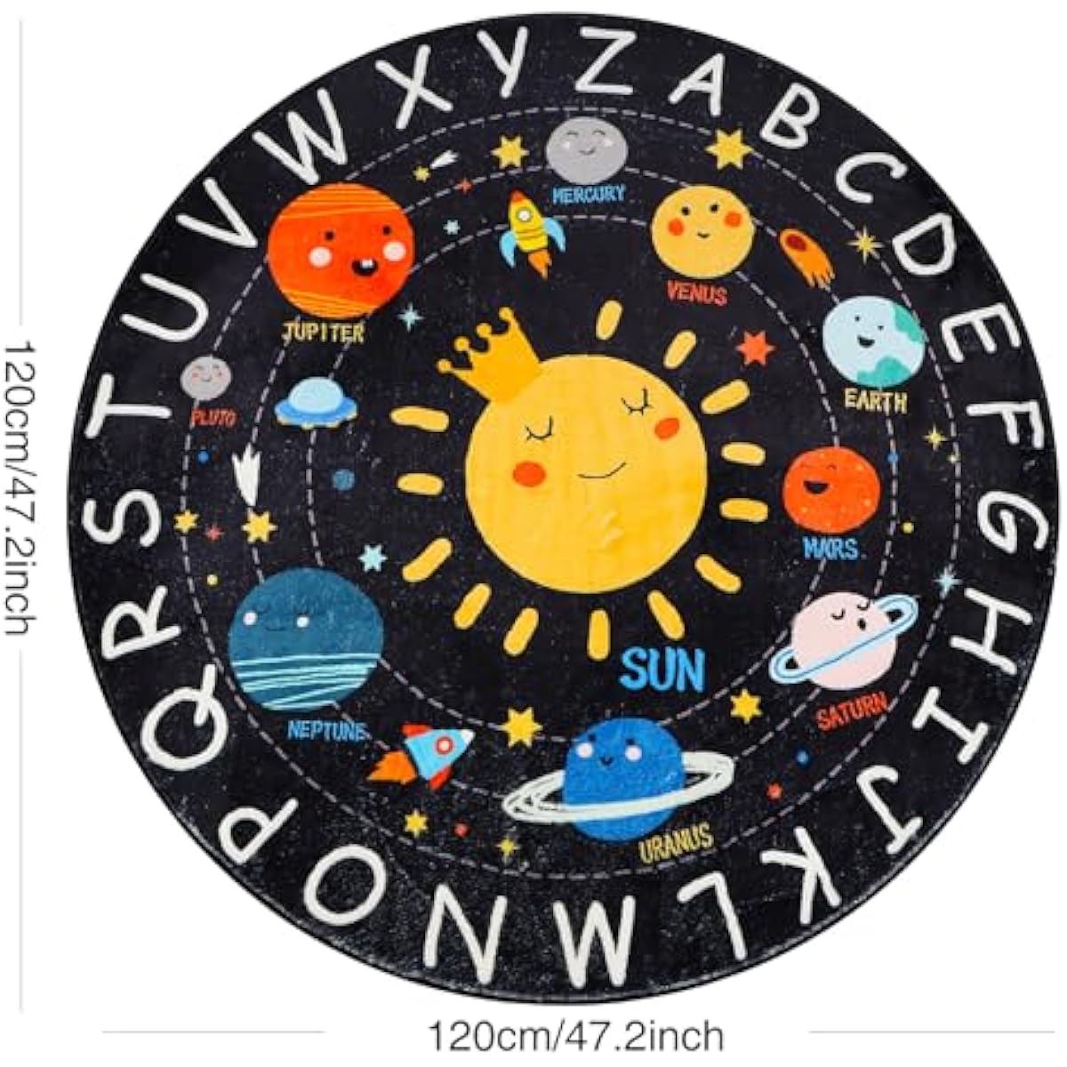 Round ABC Kids Rug,4 Ft Soft Circle Alphabet Playroom Rug,Washable Non-Slip Solar System Kid Play mat,Space Educational Rugs Kids Carpet for Classroom Playroom Bedroom Kids Room Decor
