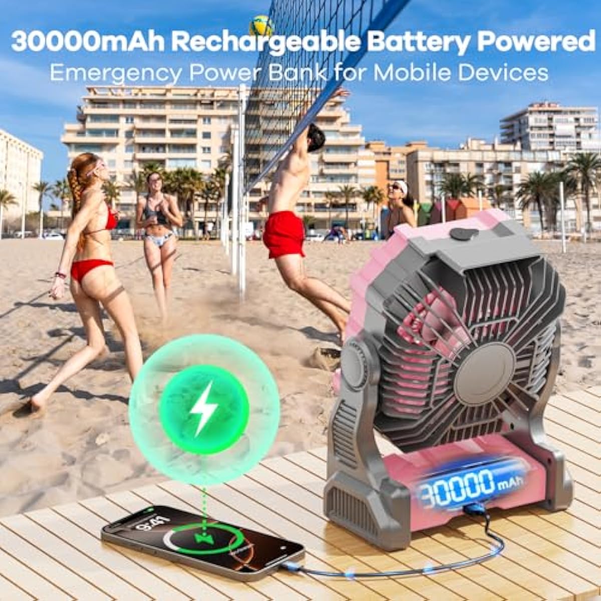 Misting Fan Portable with RGB Lantern, 30000 mAh Rechargeable Camping Mist Fan with Emergency Battery Power Bank Hurricane Supplies, Perfect Cooling Mister for Outdoor Travel