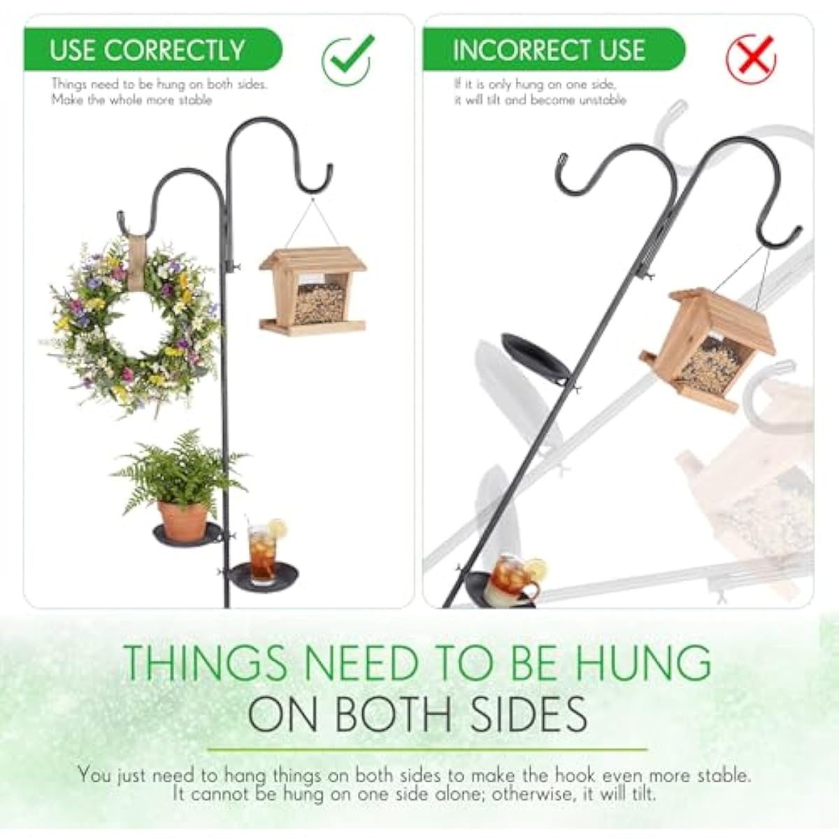 1 Set Upgraded 75.9" Shepherds Hook for Bird Feeder, Hanging Plant Wind Chime Stand, Metal Adjustable Standing Pole Holder for Indoor Outdoor, with 2 Rack & Weight Bag (Classic 2 Hooks)