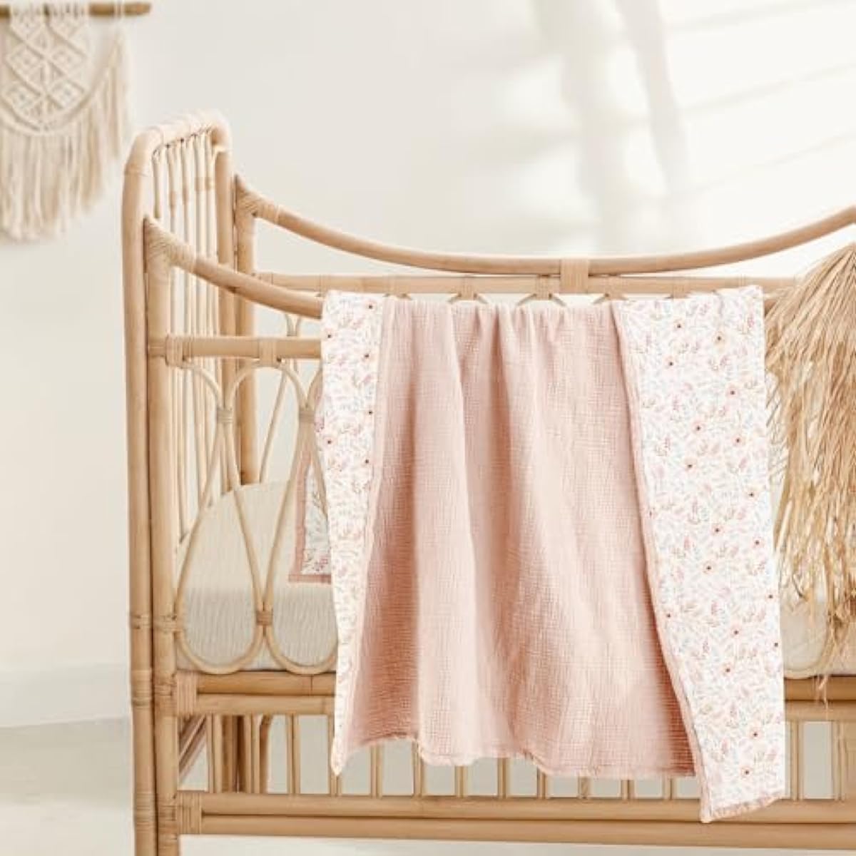 lulumoon Muslin Baby Blanket for Girls: Cotton Toddler Blanket for Crib - Soft Lightweight for Daycare & Nursery 47x47 Inches (Pink Flower)