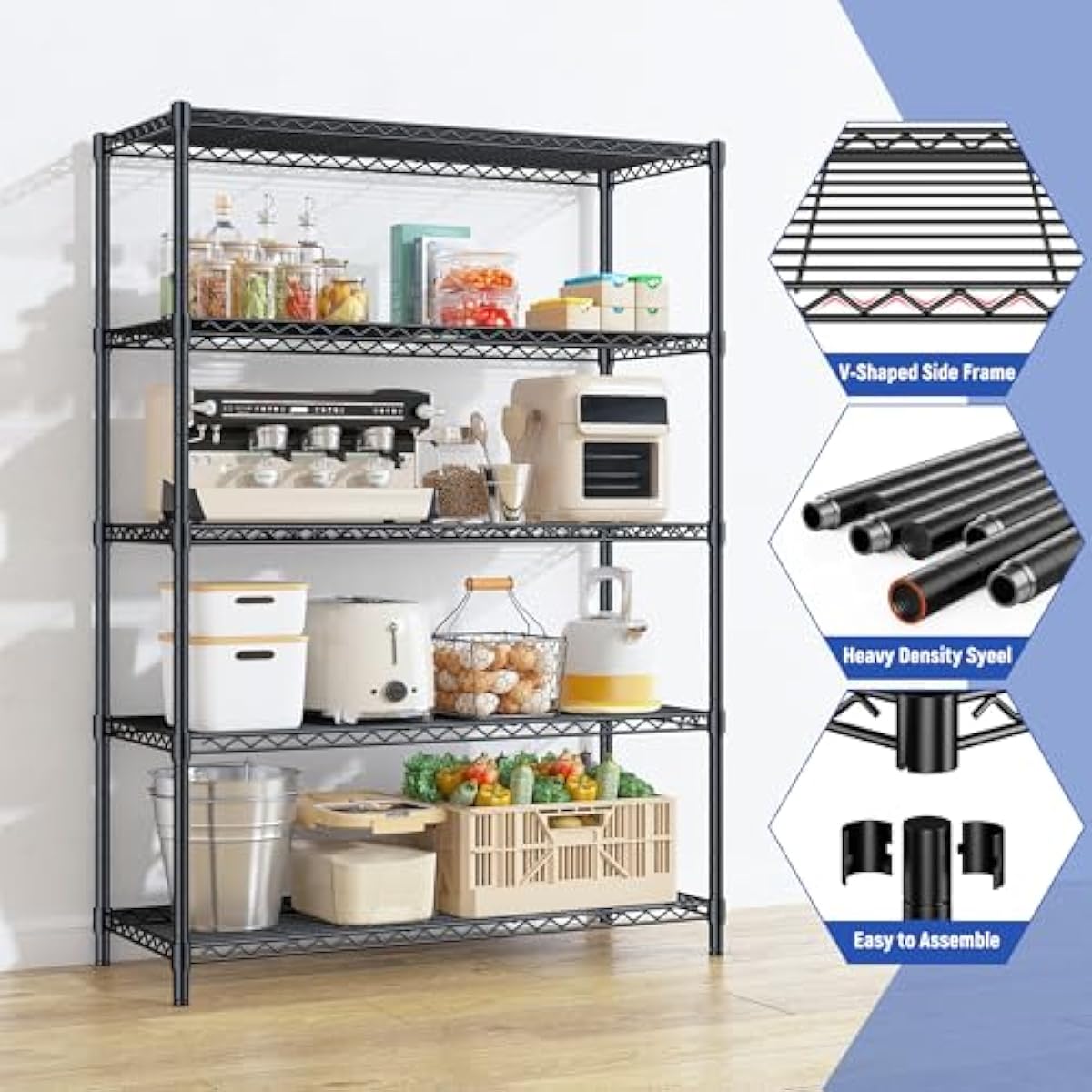 5 Tier Storage Shelves 71"H Wire Shelving Adjustable Metal Shelving,1000LBS Pantry Shelves Sturdy Steel Wire Shelf for Kitchen Commercial Pantry Garage Warehouse ,71"H X35.5"W X13.8"D, Black
