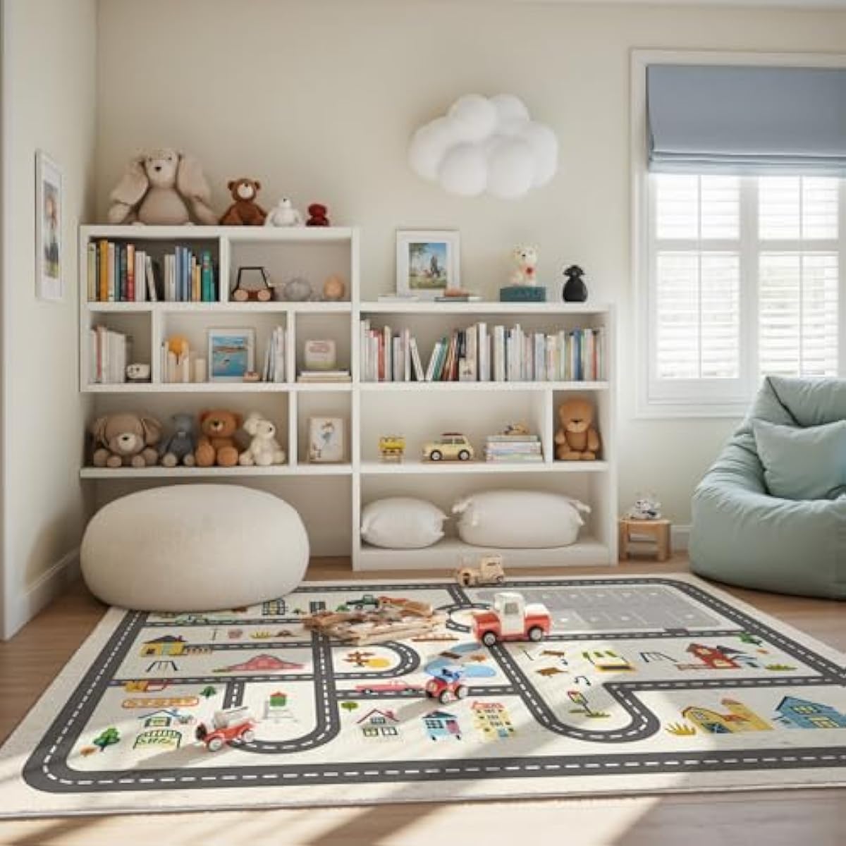 5x7ft Kids Town Road Play Rug - Non-Slip Faux Wool Carpet with Interactive City Map Design, Educational Toy Vehicle Mat for Kids, Bedroom Playroom Nursery Gift.