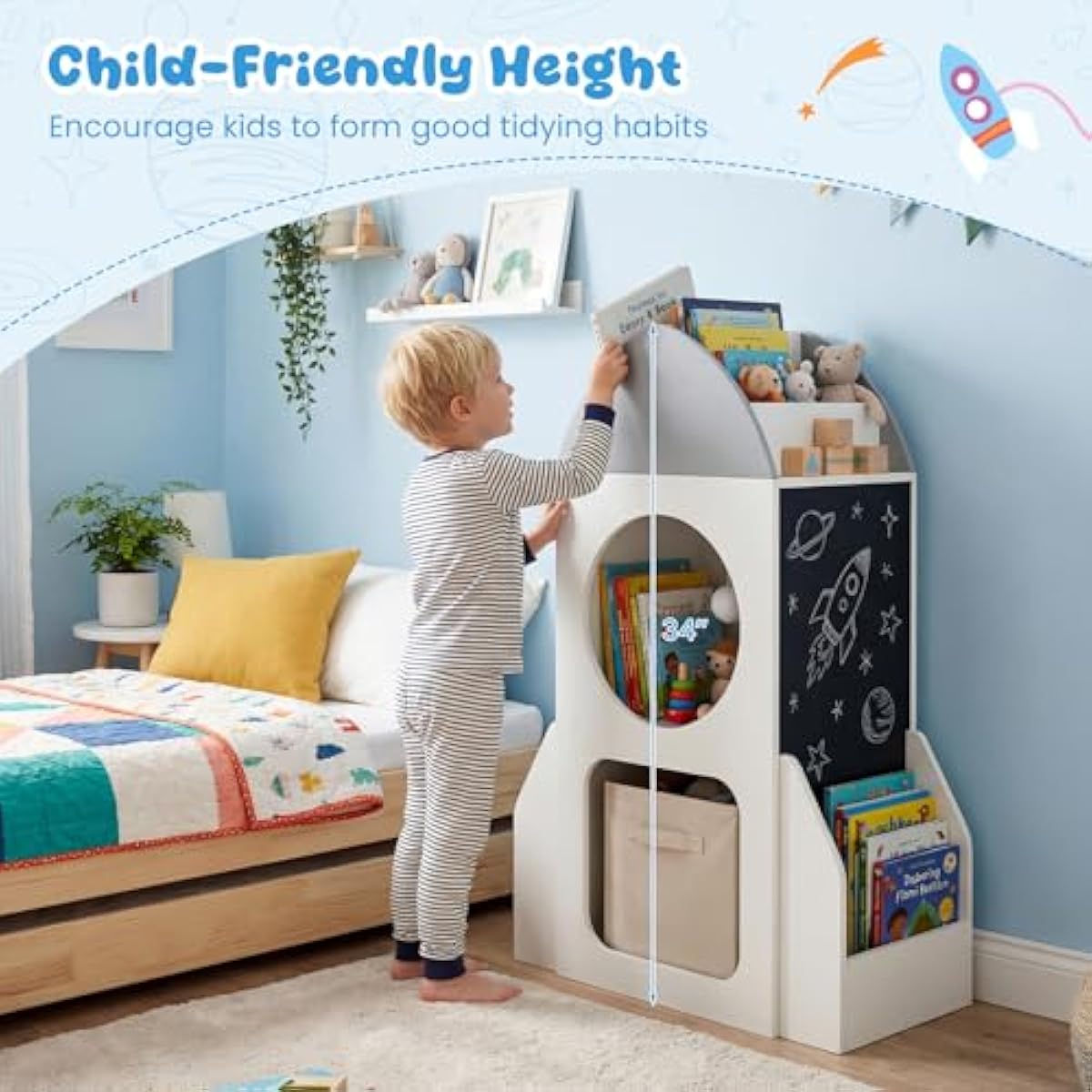 Costzon Rocket Kids Bookshelf, Toddler Toy Storage Organizer w/Chalkboard, 2 Cubbies and Open Shelf, Wooden Children Bookcase for Classroom, Playroom, Daycare, Nursery (White Rocket)