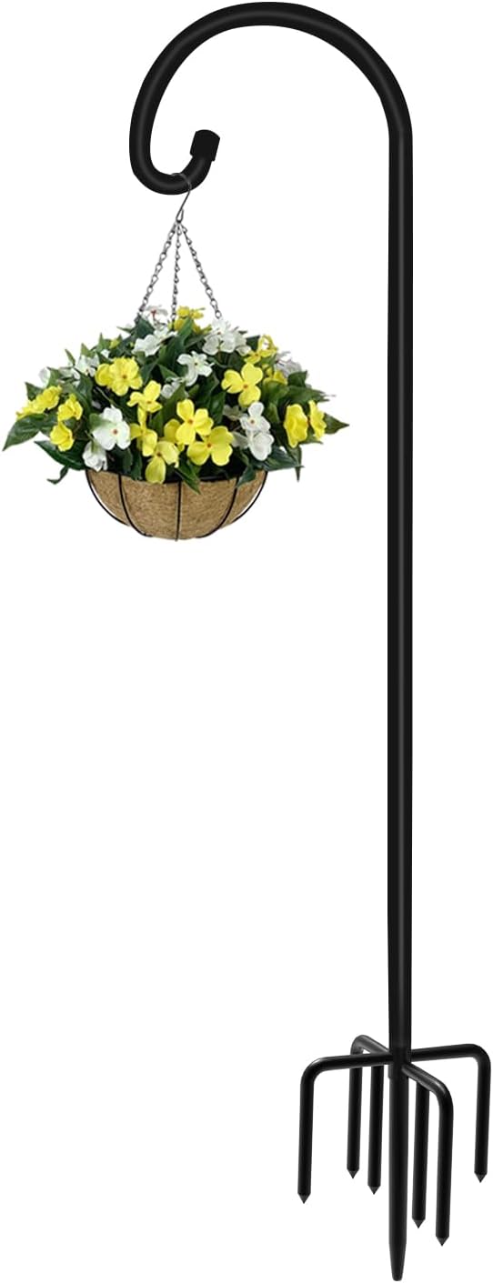 Artigarden 108 inch Outdoor Shepherd Hook with 7 Prong Base (1 Pack), Adjustable Heavy Duty Garden Hanging Stake for Bird Feeder Solar Light Plant Hanger Wedding Decor, Matte Black