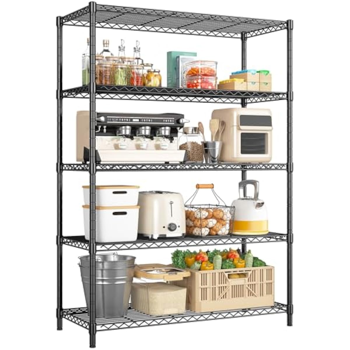 5 Tier Storage Shelves 71"H Wire Shelving Adjustable Metal Shelving,1000LBS Pantry Shelves Sturdy Steel Wire Shelf for Kitchen Commercial Pantry Garage Warehouse ,71"H X35.5"W X13.8"D, Black