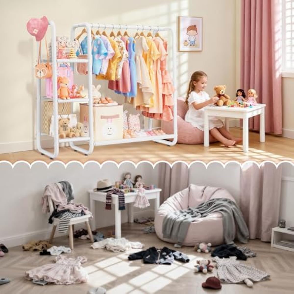 Kids Dress Up Storage with 4 Storage Shelf, More Storage Space Kids Clothing Rack for Costume Organizer Playroom Kids Girls Bedroom Nursery Organizer (Classic, White)