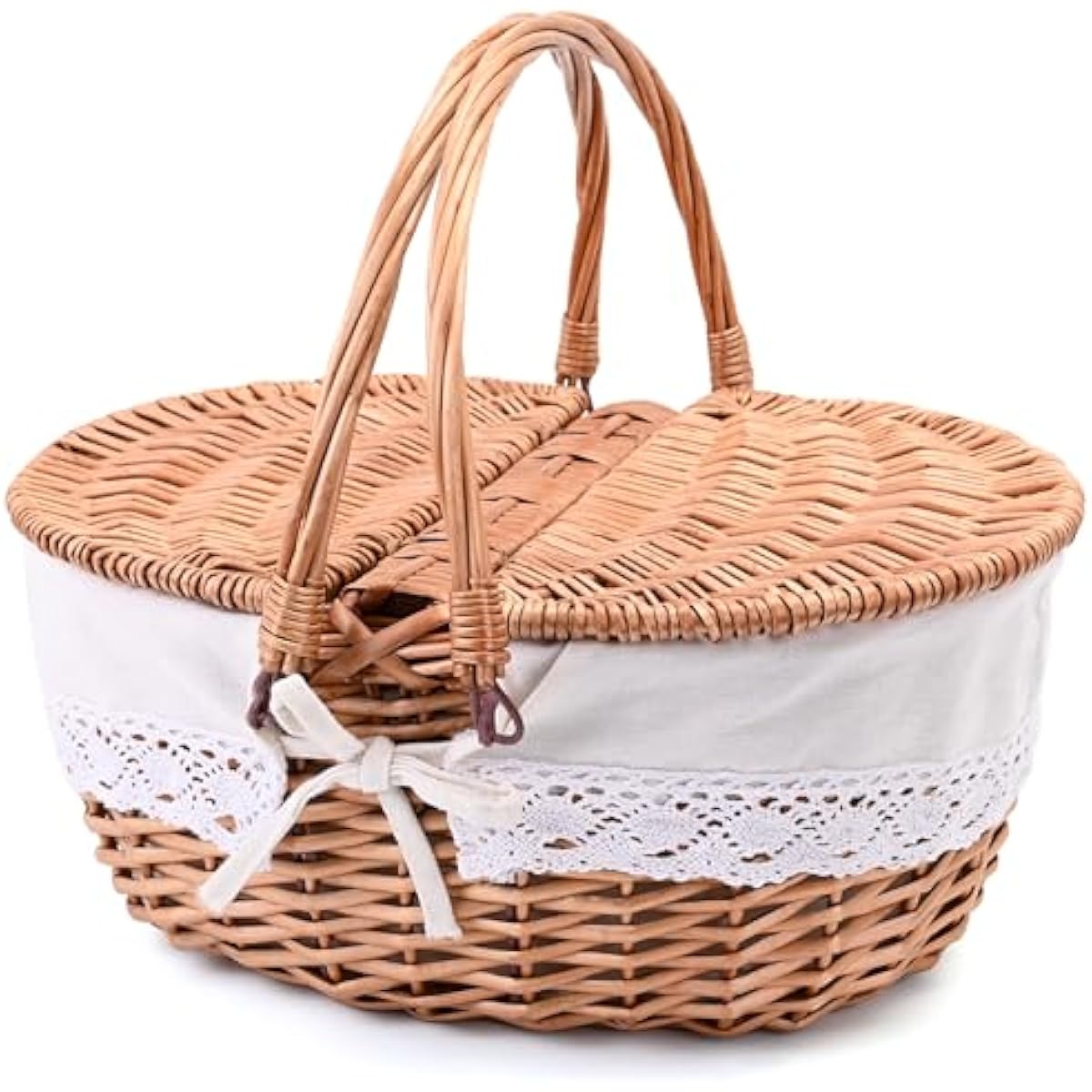 Wicker Picnic Basket with Removable Liner Empty Picnic Baskets with Lid, Picnic Hamper with Foldable Handles for Picnic 2, Natural Color, Large