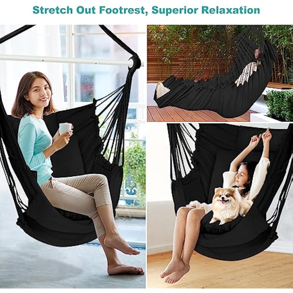Outerman Hammock Chair, Hanging Chair with 3 Cushions and Foot Rest Support, Sturdy Metal Spreader Bar Max 500Lbs, Swing Chair for Bedroom, Indoor & Outdoor, Patio, Porch or Tree（Black）…