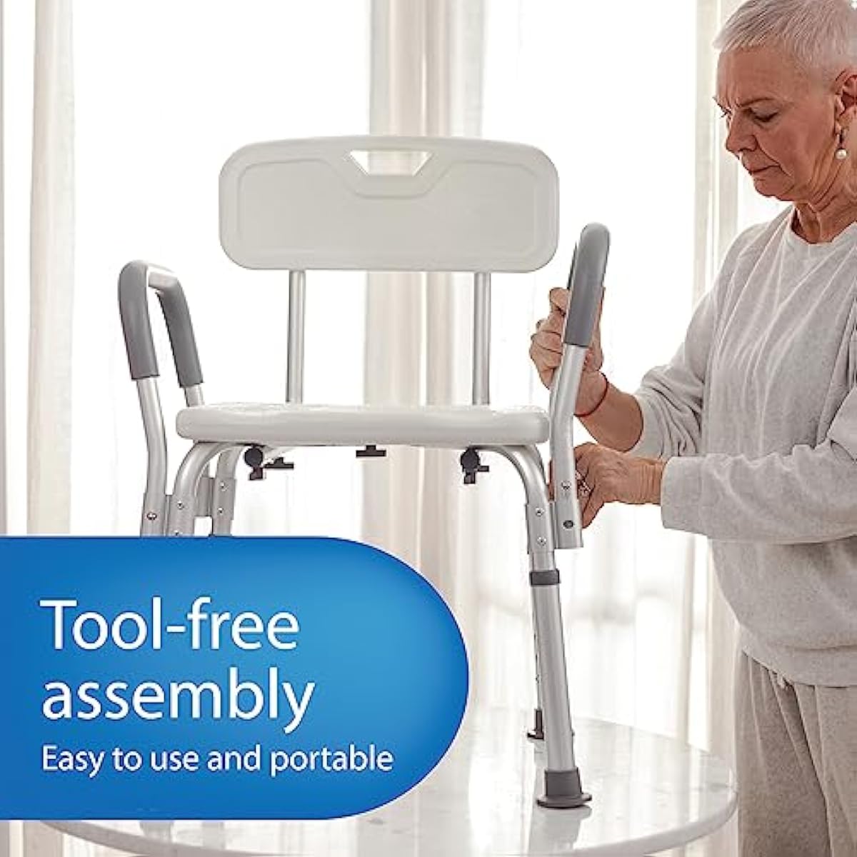 Medline Shower Chair for Elderly, Seniors, Adults & Disabled - Heavy Duty Shower Seat with Padded Arms and Back for Inside Shower, Adjustable Height Bath Stool for Bathtub, 350 lb, Slip Resistant