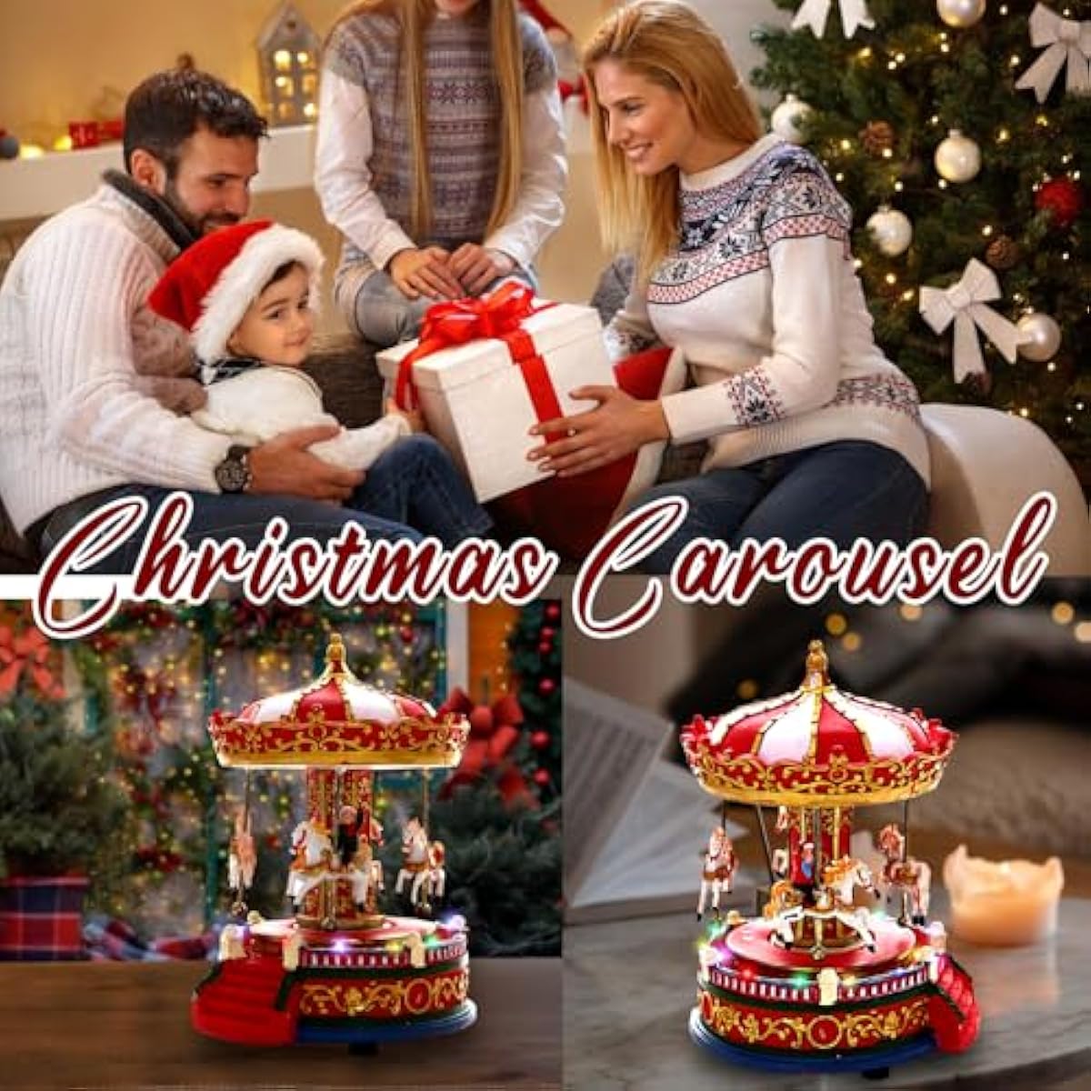 Christmas Carousel Figurines Decoration Christmas Village House Musical Carousel with 6 Moving Horses Go Round, 8 Pieces of Music Snow Globe, Music Box for Girl and Boy Kids (Carouel)