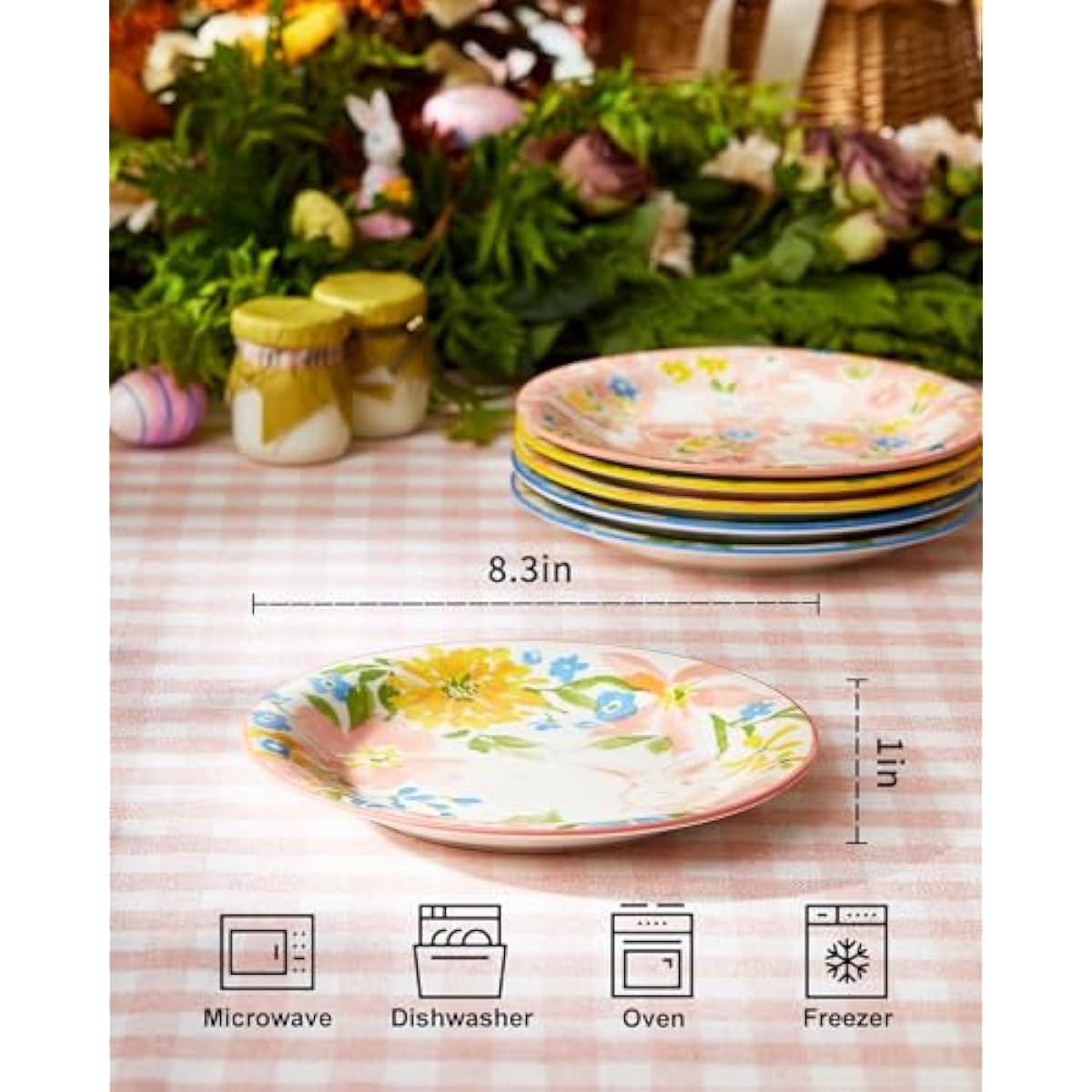 Easter Salad Plates, 8" Ceramic Bunny Plate Set, Dessert Appetizer Dishes Set of 6, Watercolor Style, Dishwasher & Microwave Safe, Set of 6