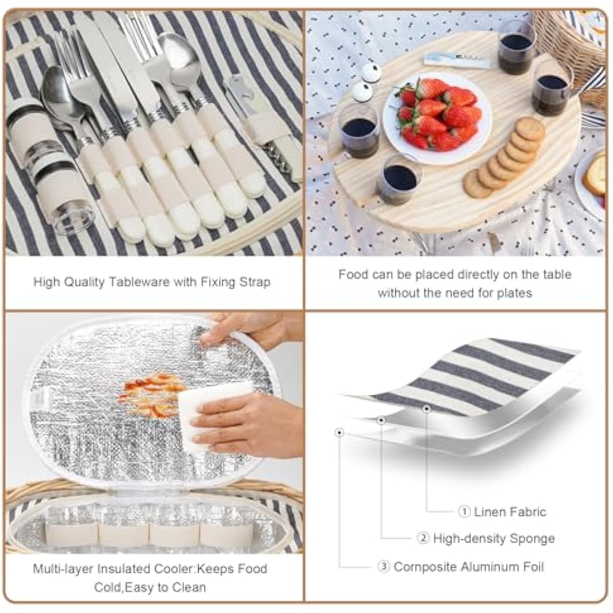 STBoo Picnic Basket for 4, Insulated Wicker Hamper with Folding Table, Willow Picnic Baskets Set with Large Insulated Cooler Bag for Camping Outdoor (Stripe)