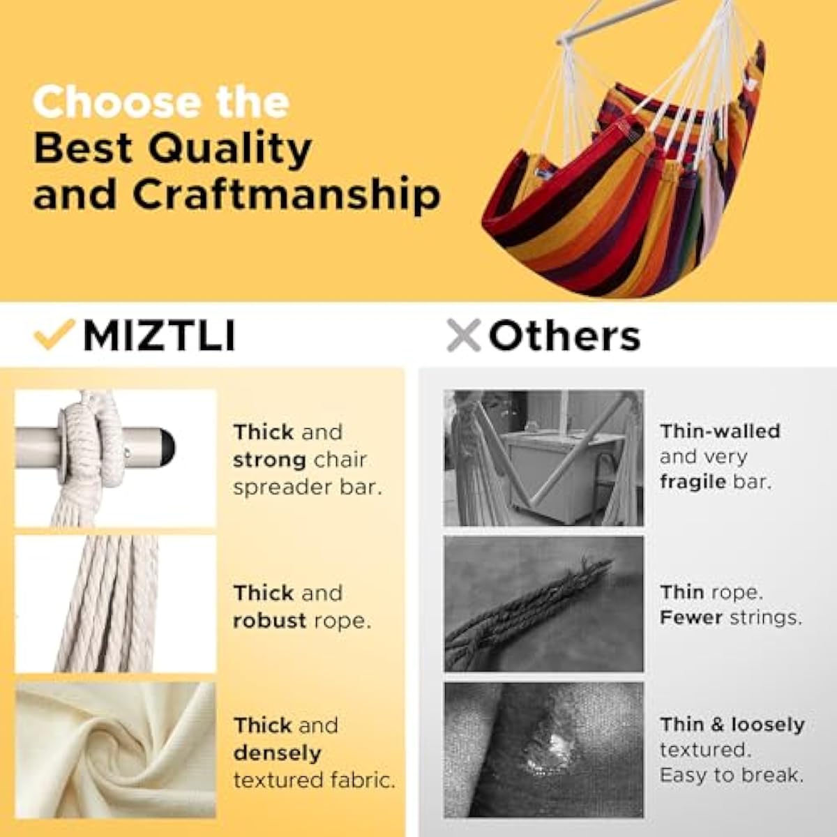 MIZTLI Hammock Chair Swing Indoor Hammock for Bedroom - Max 500 Lbs－Steel Spreader Bar with Anti-Slip Rings-Indoor & Outdoor