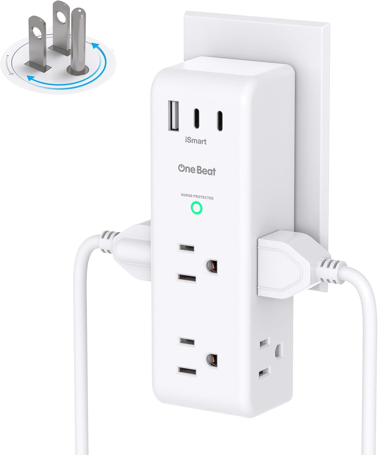 Surge Protector Outlet Extender - with Rotating Plug, 6 AC Multi Plug Outlet with 4 USB Ports (2 USB C), 1800J Wall Charger, 3-Sided Power Strip with Spaced Outlet Splitter for Home, Office, Travel