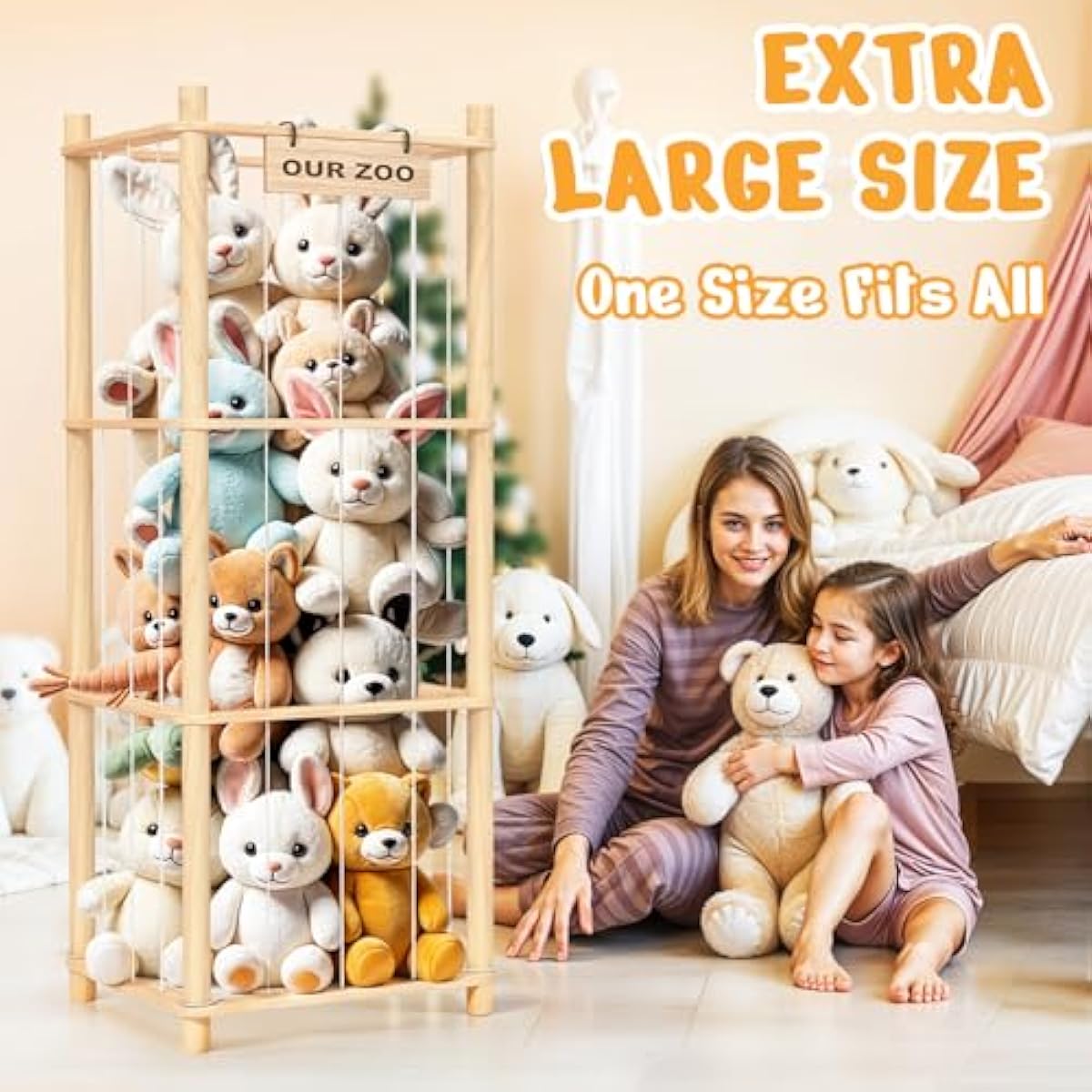 Stuffed Animal Storage & Organizer, Wooden Cute Zoo Toy Holder for Toddler Rooms, Playrooms & Bedrooms