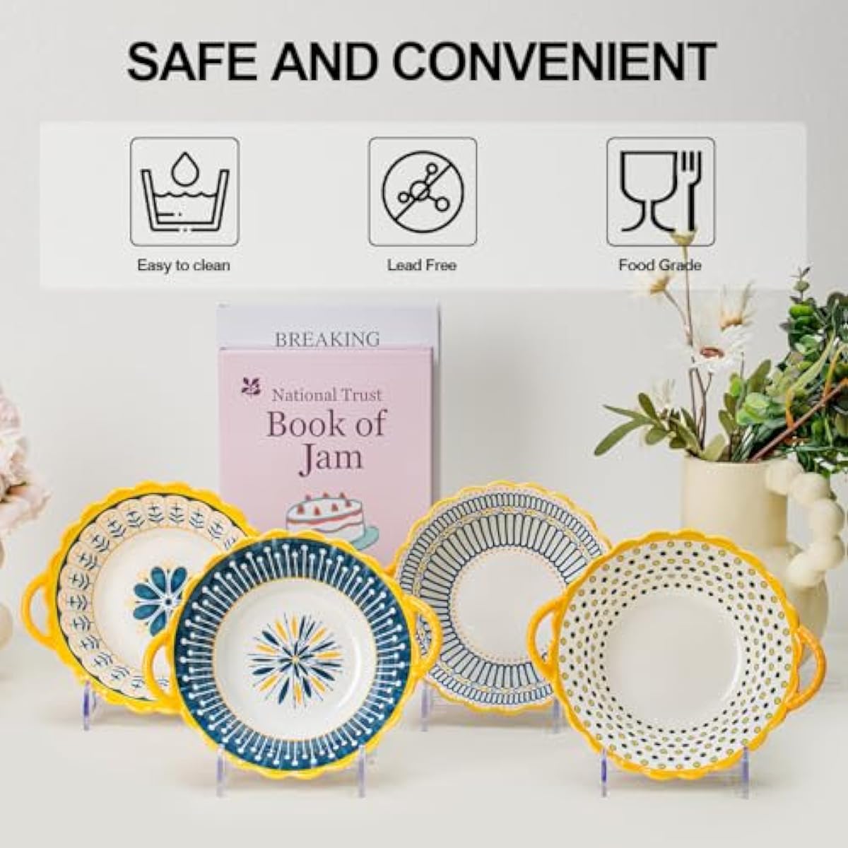 Yeacccng Bohemian Soup Bowls with Handles Set of 4, 20 Oz Indented Grooved Ceramic Bowls, 6.5 Inch French Onion Soup Bowls, Lead-Free, Scratch-Resistant, Oven/Microwave Safe