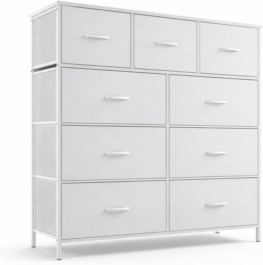 DUMOS Dresser for Bedroom, Storage Organizer with 9 Drawers, Chest of Drawers with Fabric Bins, Sturdy Metal Frame, Wood Tabletop for Guest Room, Closet, Entryway, White