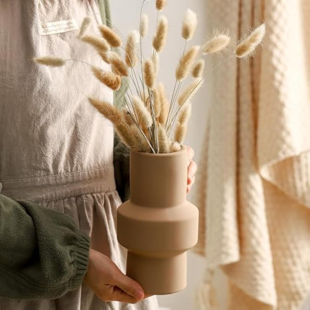 Modern Ceramic Vase Set of 3, 8 inch Simple Geometric Lines Vase for Pampas Grass Dried Fresh Flowers, Home Decor, Bedroom, Living Room, Bookshelf Decoration, Neutral Minimalist Nordic Style
