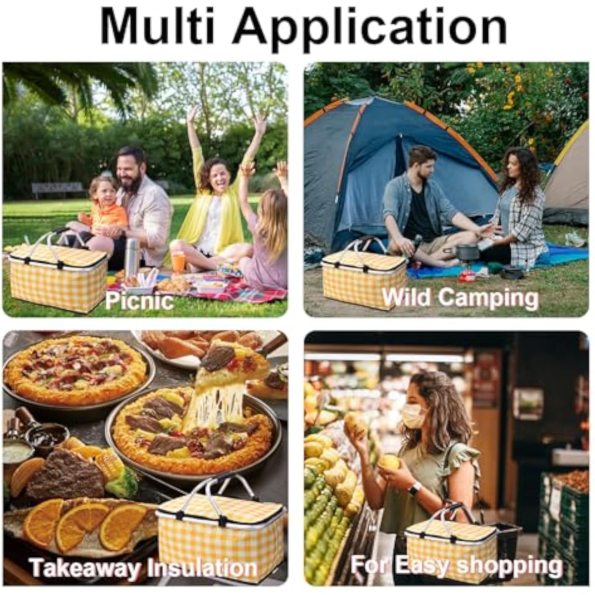 Insulated Picnic Basket，Collapsible Picnic Basket，30L Large Market Basket with Lid，2 Sturdy Handles，Storage Basket for Picnic，for Food Delivery，Take Outs，Market Shopping，Travel(Yellow Grid)