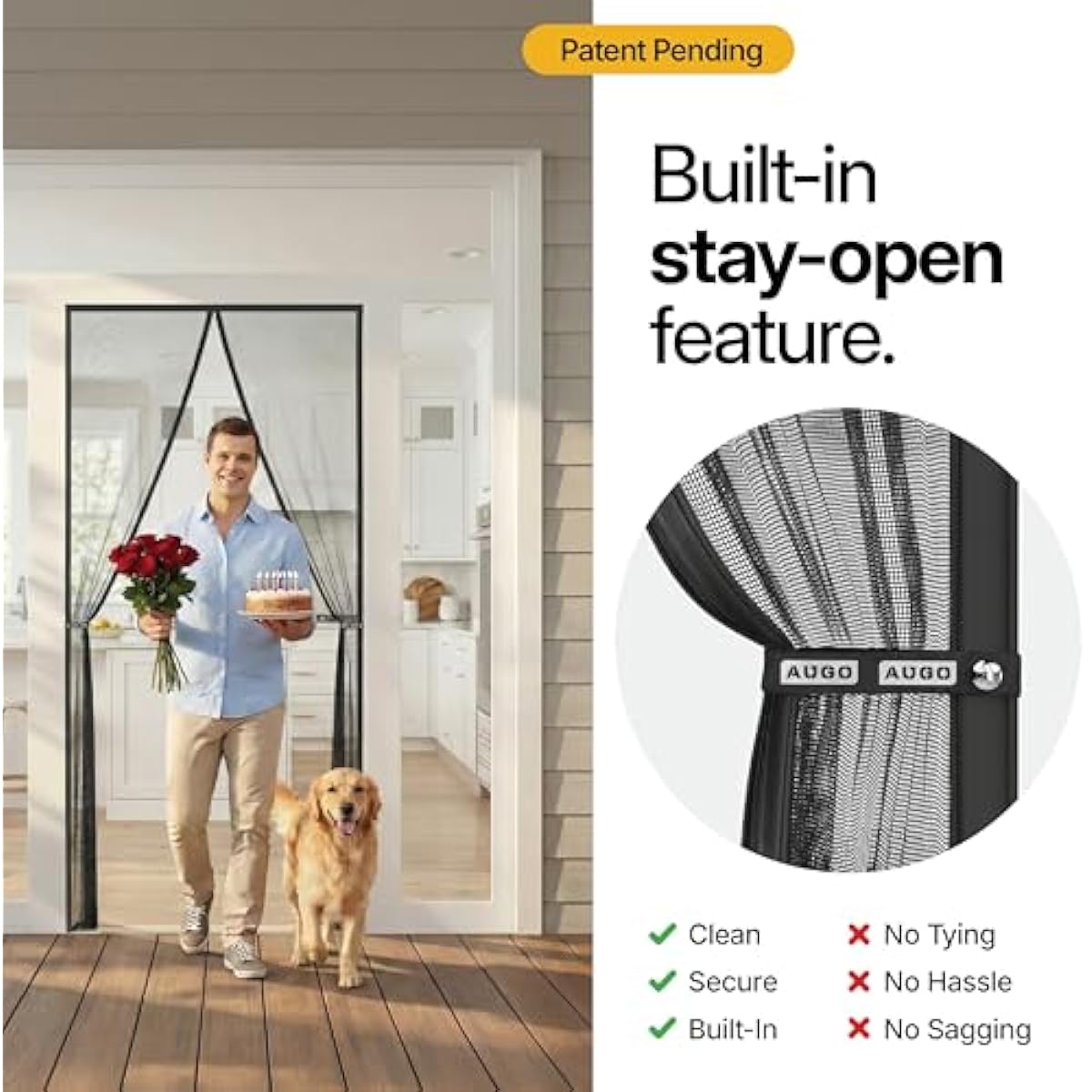 AUGO Magnetic Screen Door - Self Sealing, Heavy Duty, Hands Free Mesh Partition Keeps Bugs Out - Pet and Kid Friendly - Patent Pending Keep Open Feature - 38 Inch x 83 Inch