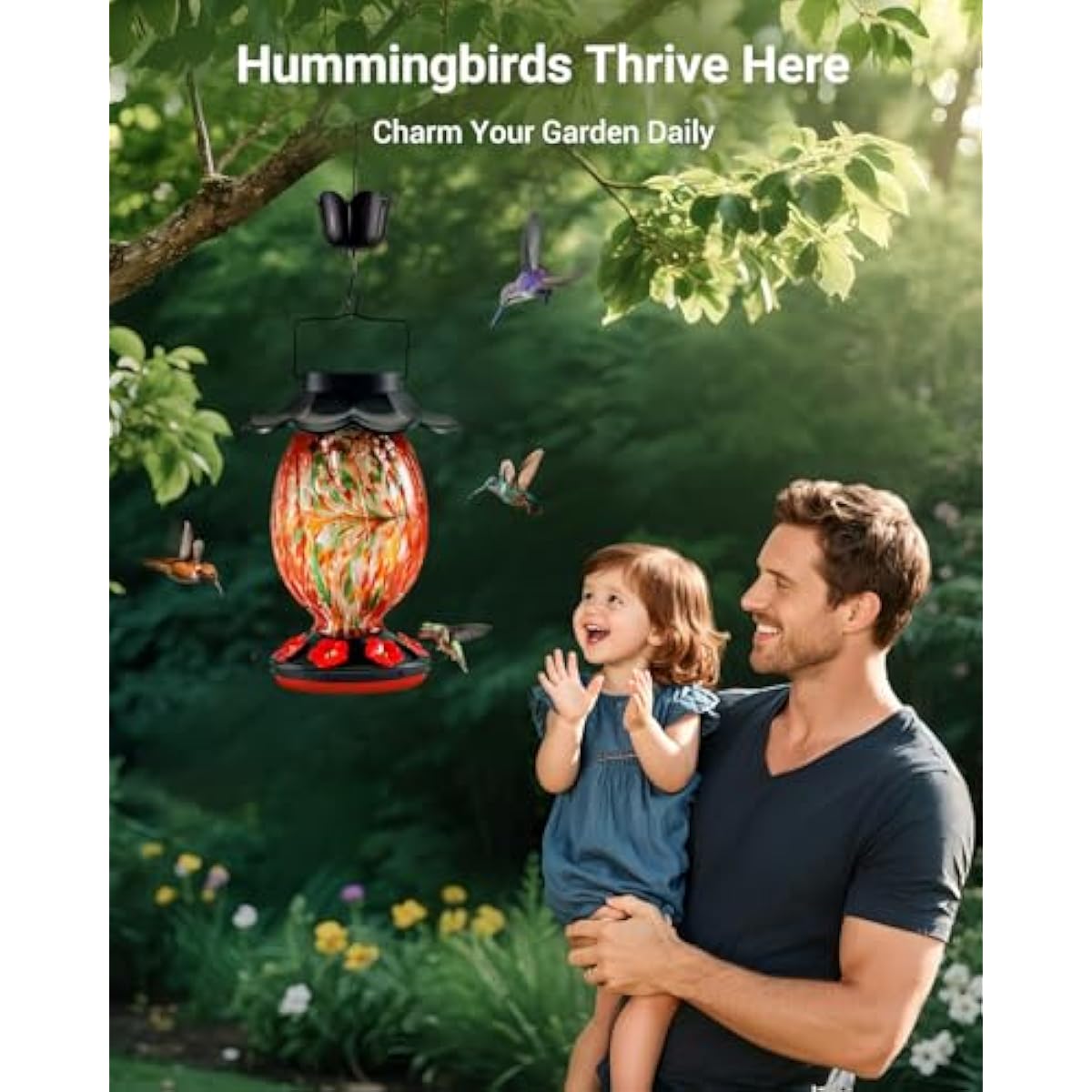 HouseSapp Solar Hummingbird Feeder - 49 fl.oz Hand Blown Glass Color Changing - 7 Feeding Ports with Perch - Never Leak - Perfect Hummingbird Feeder