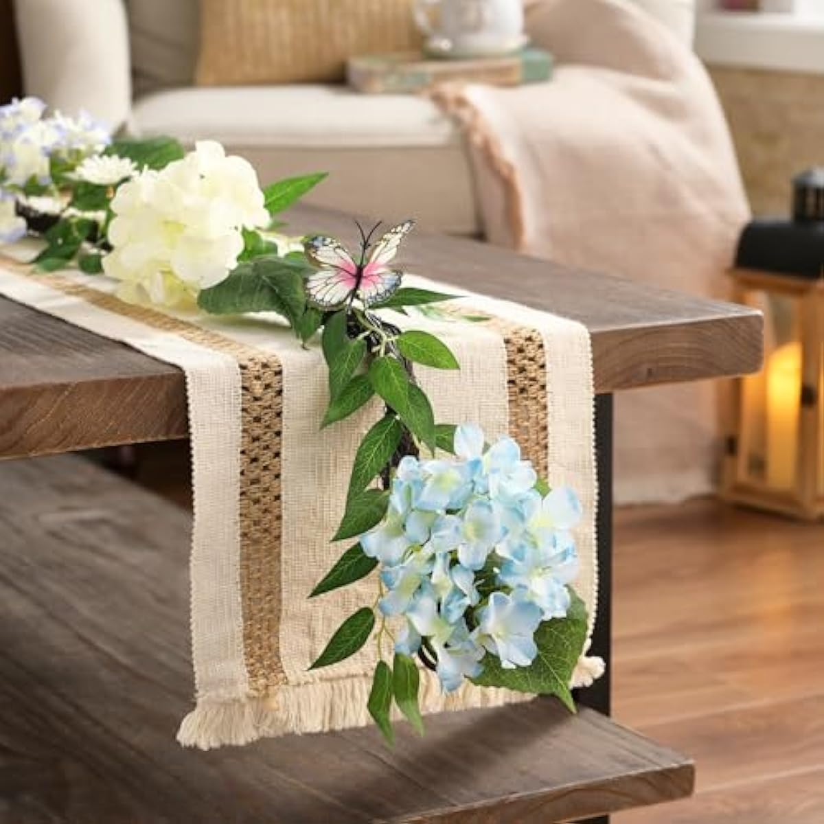 Valery Madelyn 6FT Spring Summer Flower Garland with Lights for Mantle,Blue White Hydrangeas Floral Garland with Eucalyptus Leaves Butterfly for Home Table Centrepiece Stairs Wedding Party Decorations