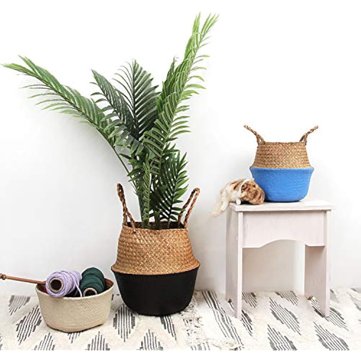 Woven Seagrass Belly Basket for Storage, Plant Pot, Laundry, Picnic and Grocery Basket with Handle (Large, Original)
