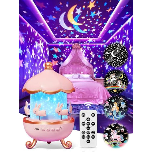 Carousel Night Light for Kids, 15 Music+15 Films+315 Colors Star Projector for Kids Night Light Projector, 360°+Remote+1200mah Unicorn Toys for Girls Room Decor, Baby Learning Toys Easter Gifts Bunny
