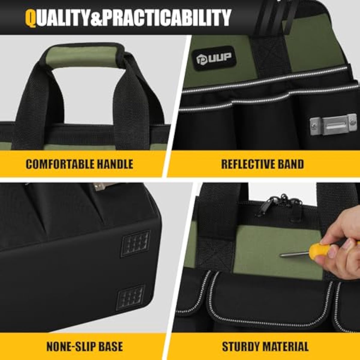 Heavy Duty Tool Bag 15-Inch, 16-Pocket Portable Empty Tool Box Organizer, Big Storage Toolbox Organization, Soft Handle Large Zipper Carrying Toolbag, Father Day Gifts for Him Dad Men, Green