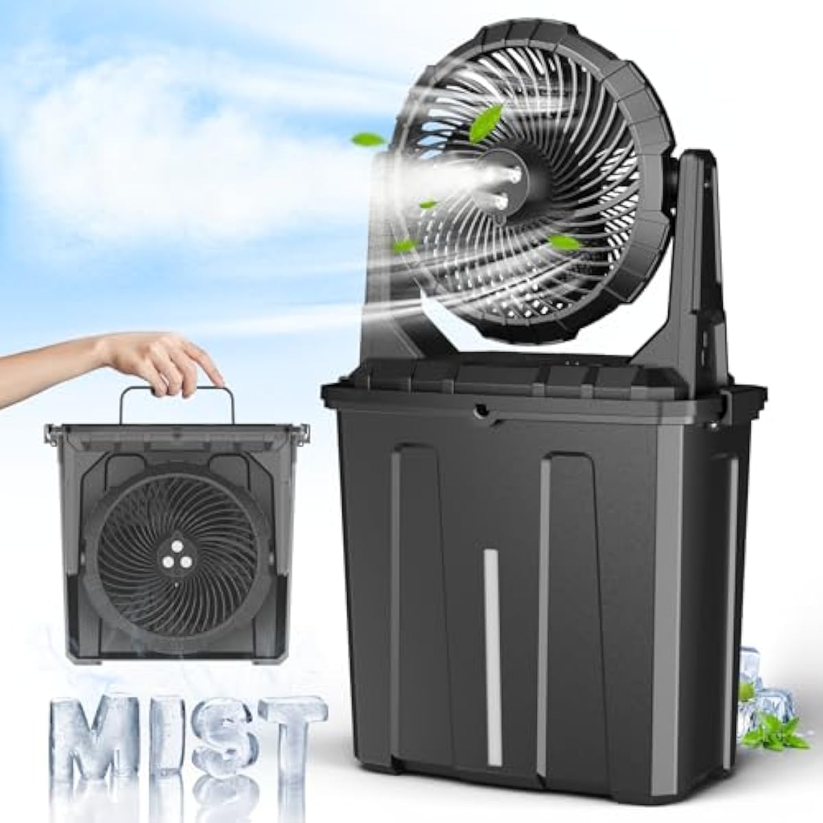 Ausic 9L Bucket Portable Misting Fan for Outdoors Patios - 10IN, 20000mAh Rechargeable Battery Operated Camping Fan, 3 Strong Winds, 3 Large Spray Outlets, for Fishing/Travel/Garden/Golf/Tent/Office