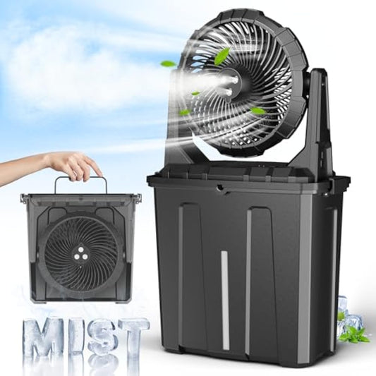 Ausic 9L Bucket Portable Misting Fan for Outdoors Patios - 10IN, 20000mAh Rechargeable Battery Operated Camping Fan, 3 Strong Winds, 3 Large Spray Outlets, for Fishing/Travel/Garden/Golf/Tent/Office