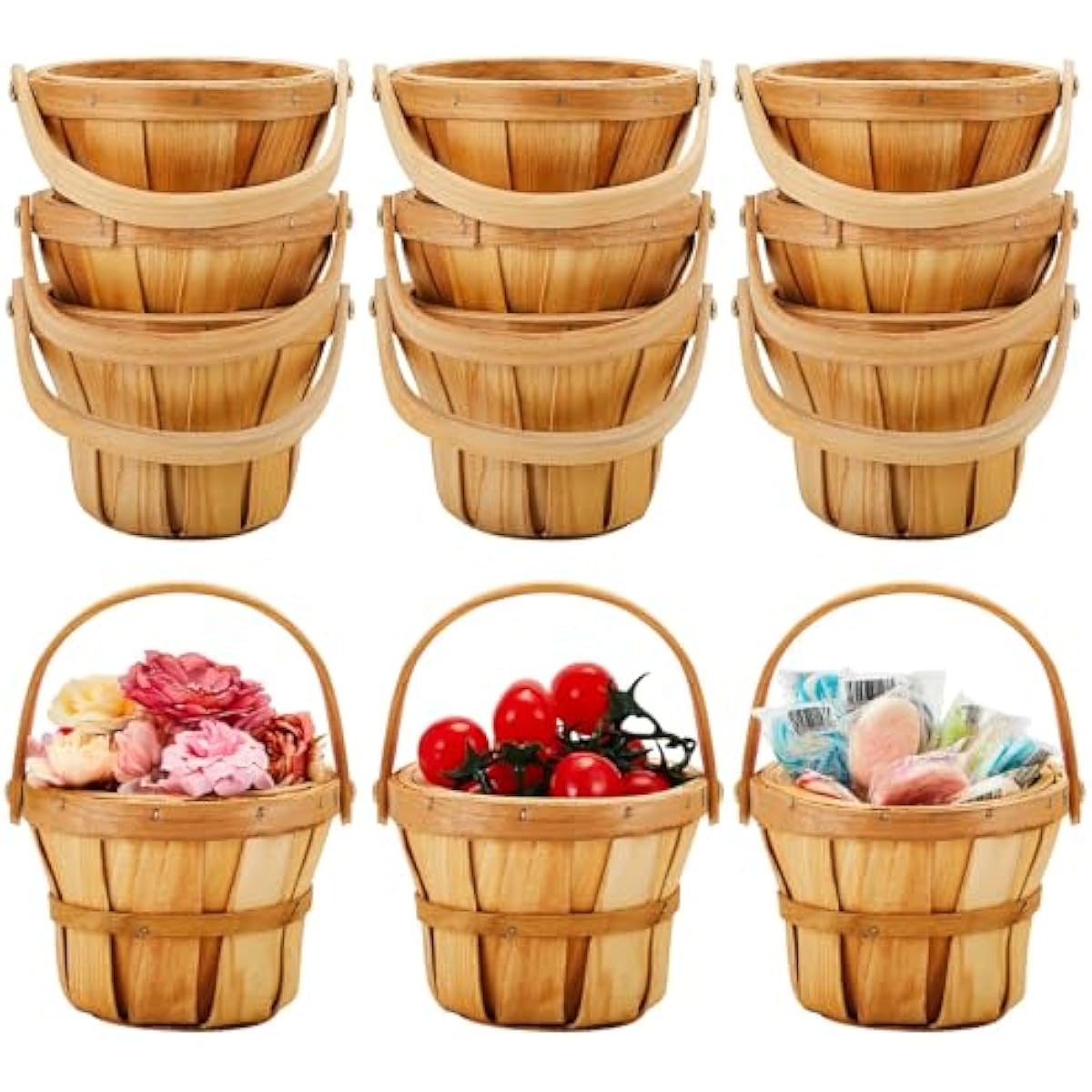 Marsui 10 Pcs Small Wooden Berry Baskets – 4 x 5.1 Inch Handcrafted Rustic Baskets with Reinforced Handles, for Fruit, Market, Crafts, Gifts, Garden Picking & Decor (Brown)