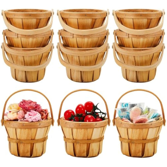 Marsui 10 Pcs Small Wooden Berry Baskets – 4 x 5.1 Inch Handcrafted Rustic Baskets with Reinforced Handles, for Fruit, Market, Crafts, Gifts, Garden Picking & Decor (Brown)