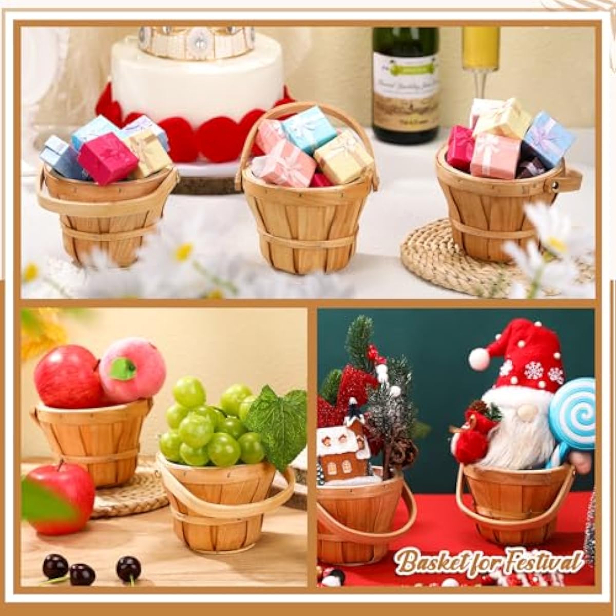 Marsui 10 Pcs Small Wooden Berry Baskets – 4 x 5.1 Inch Handcrafted Rustic Baskets with Reinforced Handles, for Fruit, Market, Crafts, Gifts, Garden Picking & Decor (Brown)