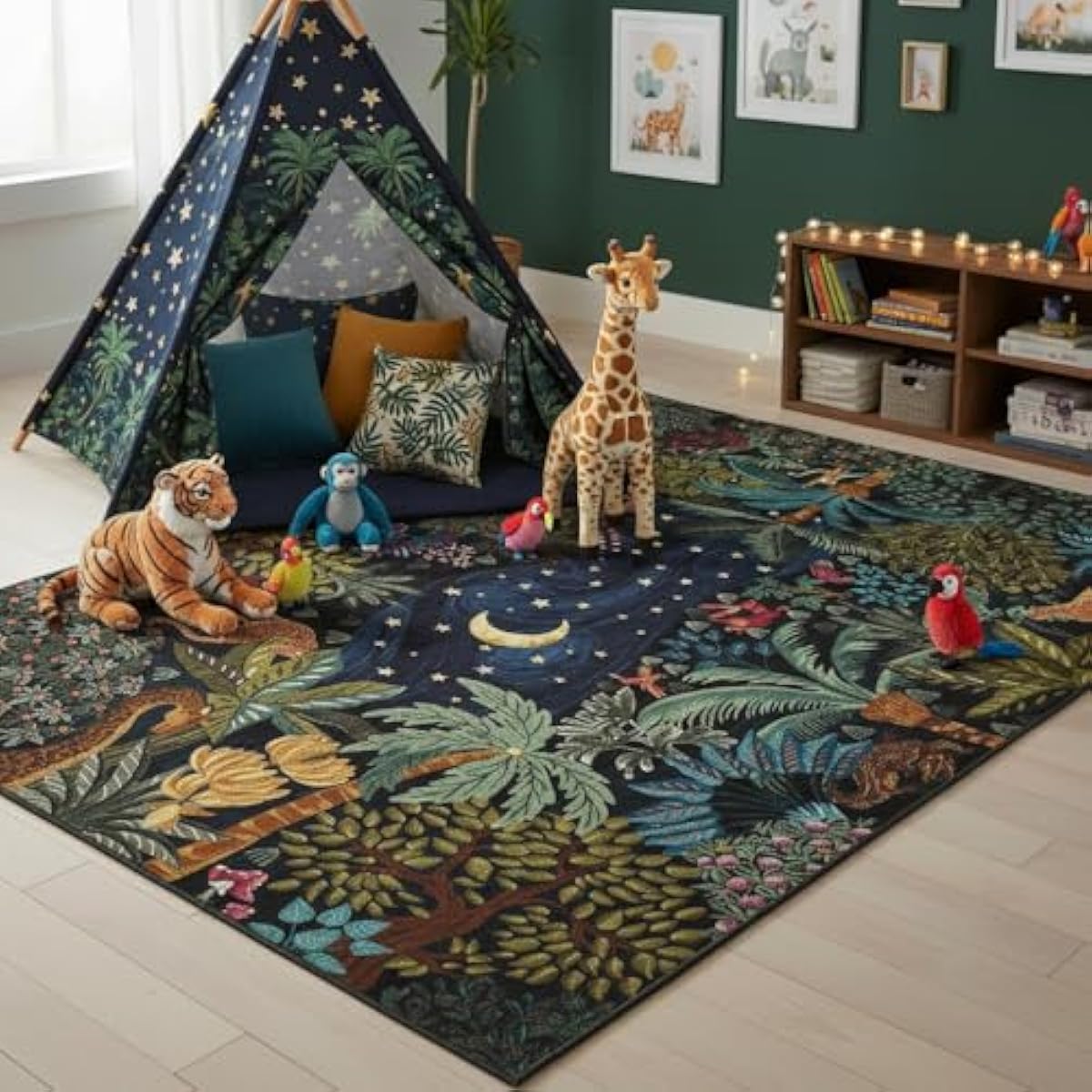 GarveeHome 4x6 Washable Area Rug for Kids Room, Jungle Animal Soft Bedroom Rug Non Slip Low Pile Small Carpet Stain Resistant Throw Rug for Bedside Playroom Classroom Office Dining Room