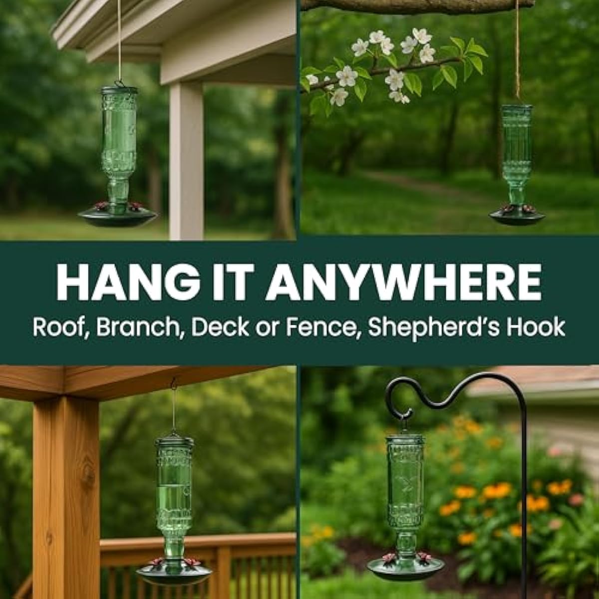 Perky-Pet Glass Bottle Hummingbird Feeder - Outdoor Garden Décor Humming bird Feeder, 8108-1SR - 10 Fl Oz Nectar Capacity - Durable Green Antique Design - Hang from Tree, Porch, Deck, Hook