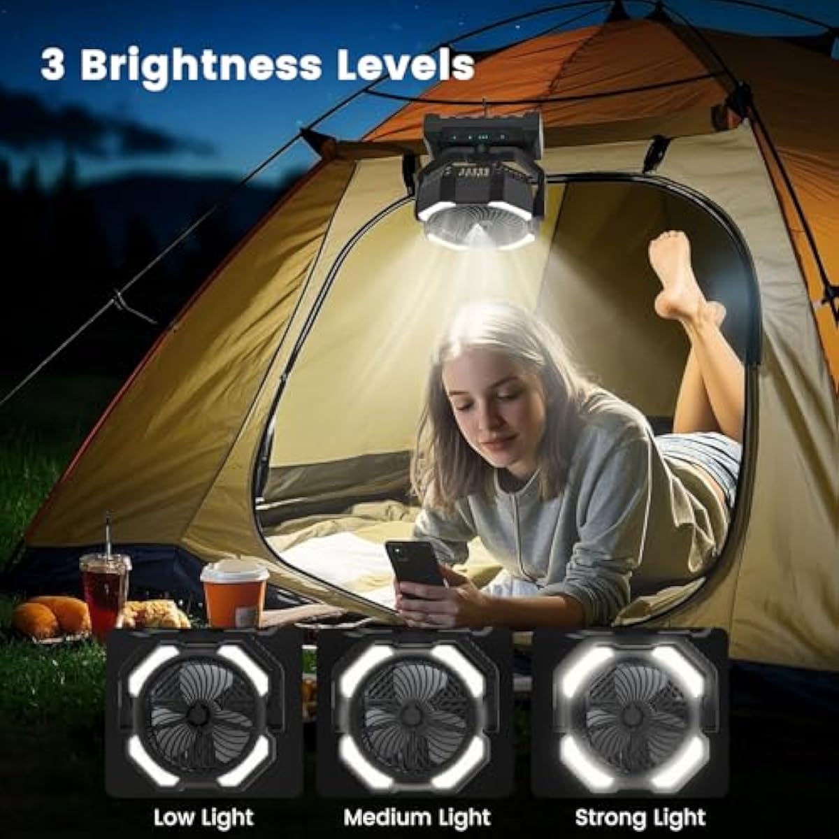 20000mAh Portable Misting Fan, USB Rechargeable Camping Fan with LED Light, Battery Operated for Outdoor, Tents, Beach, Travel - 250mL Water Tank & Hook Included, Black.