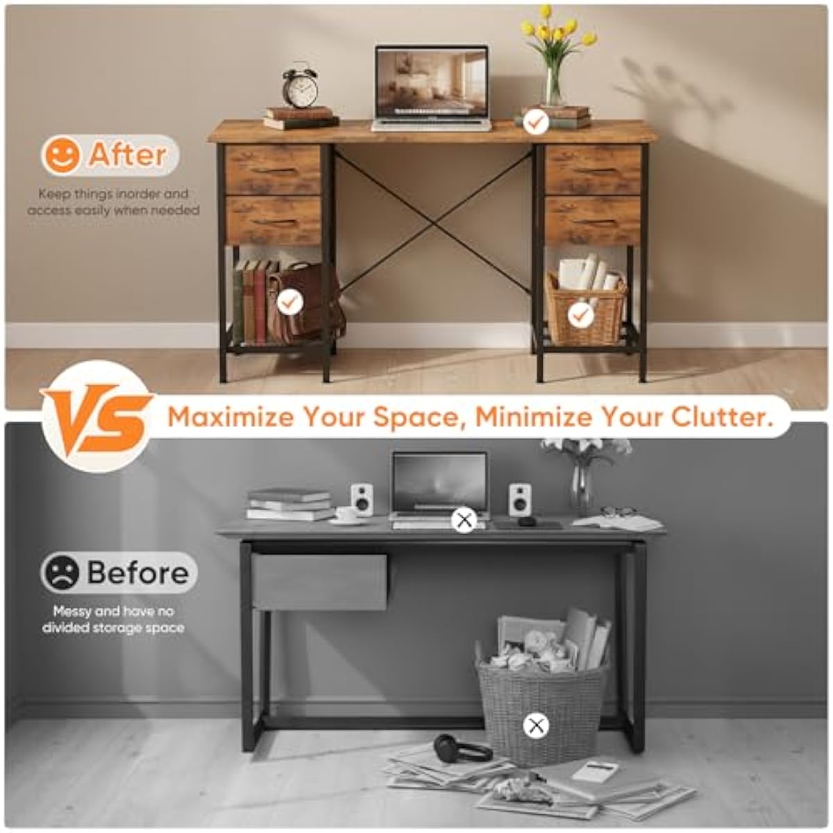 Sweetcrispy Computer Desk with Drawers, 47 Inch Home Office Bedroom Table with 4 Fabric Drawers & 2 Mesh Storage Shelves, Wood Table with X-Shaped Structure for Writing Study PC Desk, Brown