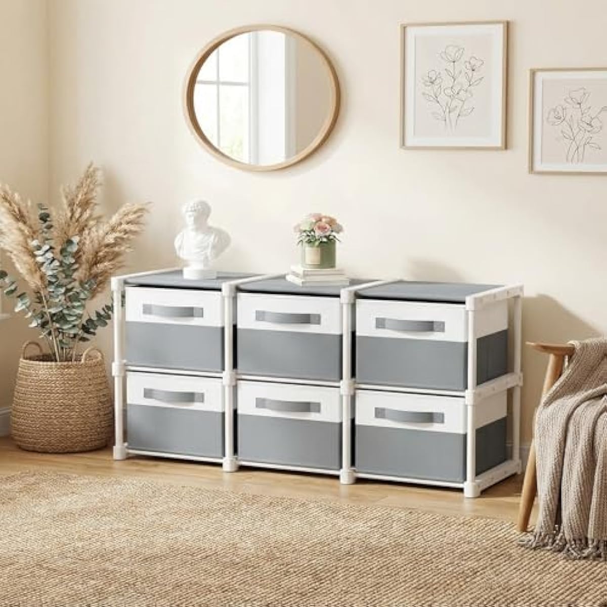 Thyle Large Cube Storage Organizer Shelf with 6 Bins 14 Inch Fabric Collapsible Cubby Storage Drawers Shelving Unit for Christmas Ornaments Clothes Toys Craft(Gray-white,Minimalist)