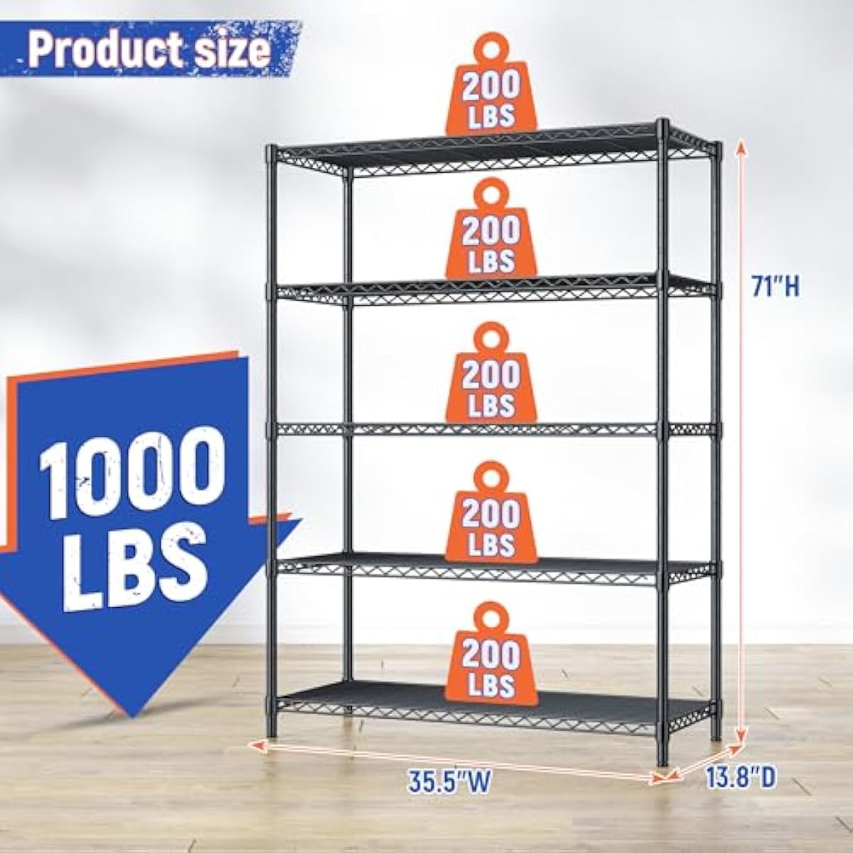 5 Tier Storage Shelves 71"H Wire Shelving Adjustable Metal Shelving,1000LBS Pantry Shelves Sturdy Steel Wire Shelf for Kitchen Commercial Pantry Garage Warehouse ,71"H X35.5"W X13.8"D, Black