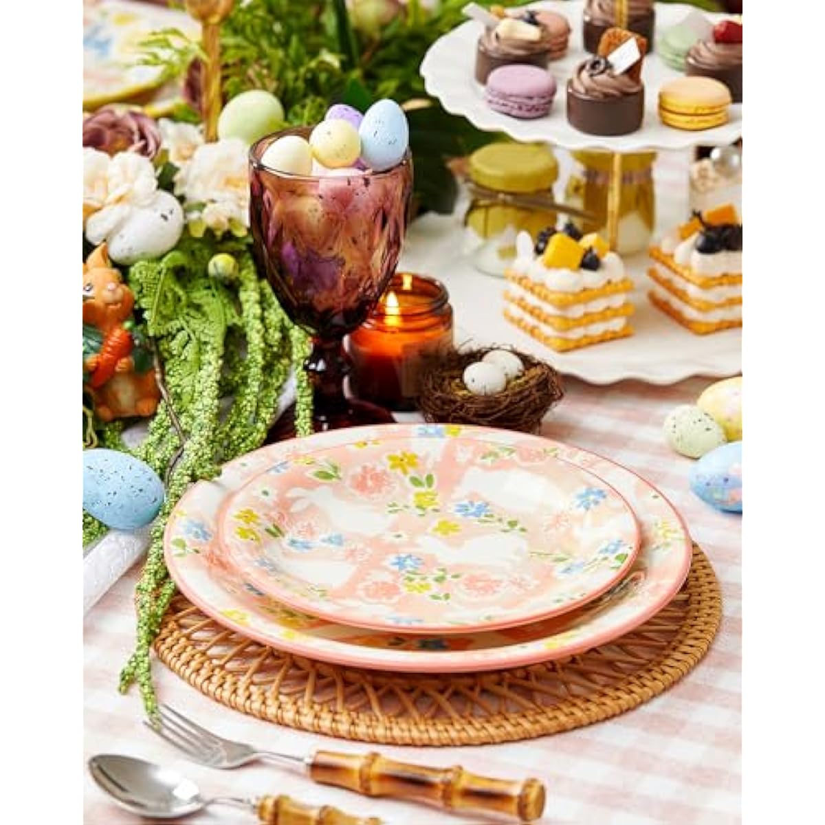 Easter Salad Plates, 8" Ceramic Bunny Plate Set, Dessert Appetizer Dishes Set of 6, Watercolor Style, Dishwasher & Microwave Safe, Set of 6
