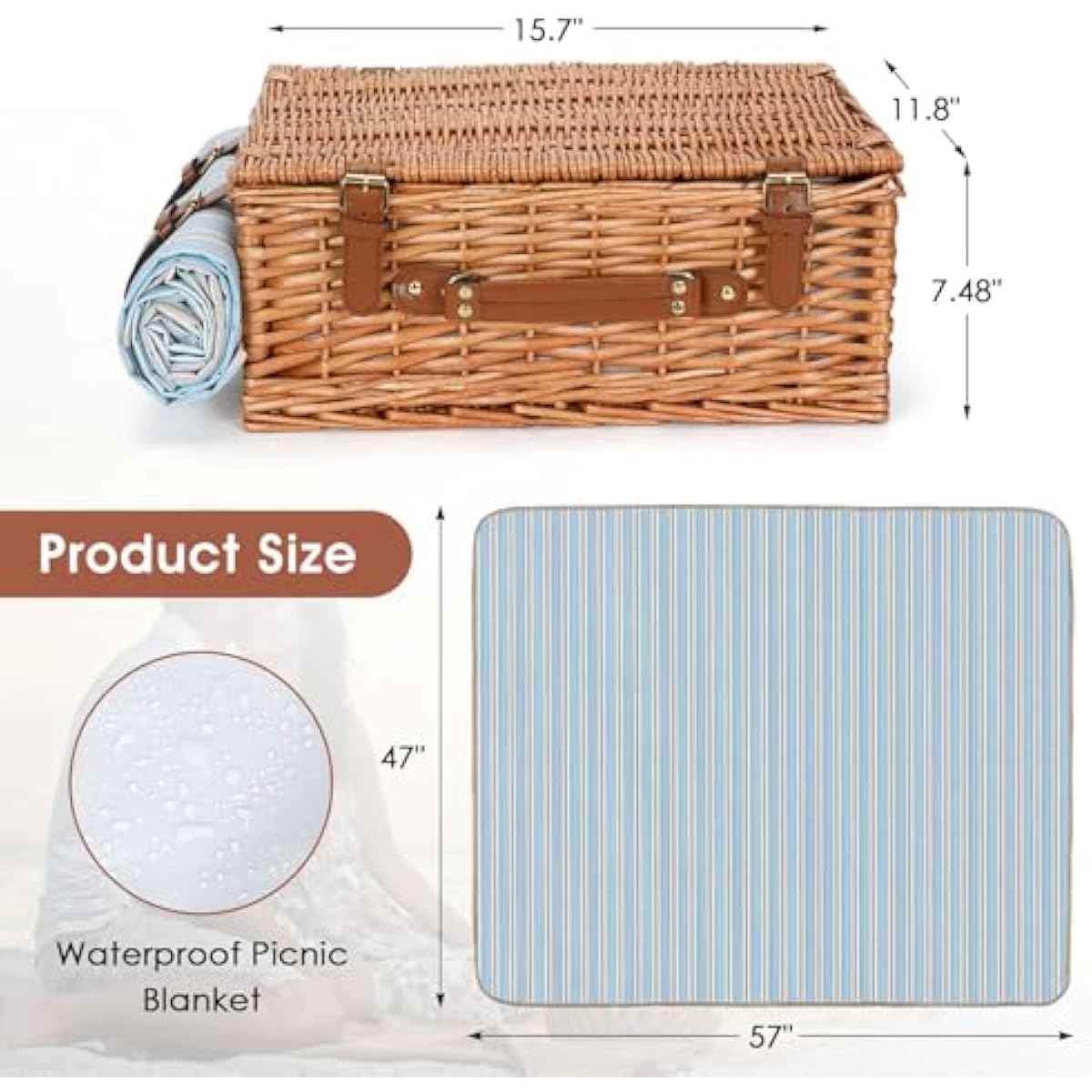 HappyPicnic Wicker Picnic Basket Set for 4 Persons | Large Willow Hamper with Large Insulated Cooler Compartment, Waterproof Blanket and Cutlery Service Kit-Classical Brown