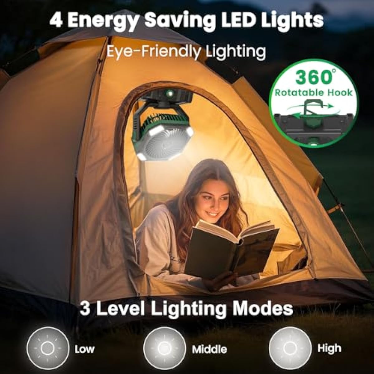 Camping Fan Rechargeable - 30000mAh Battery Powered Misting Fan for Outdoor Beach Tent - Portable Battery Operated Tent Air Conditioner for Camping - Glamping Essentials