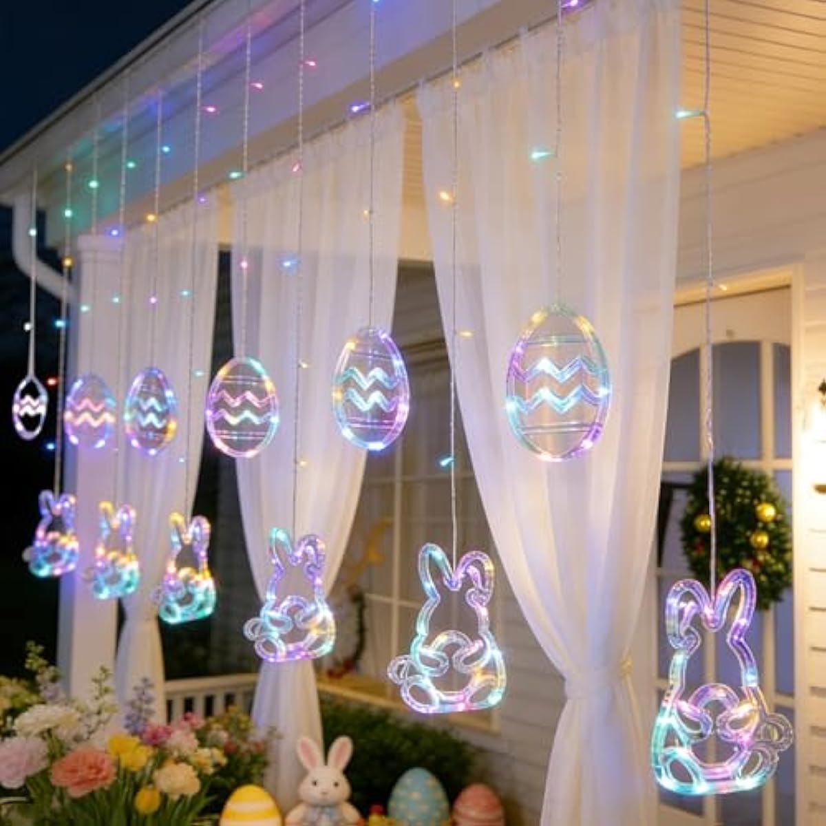 Dazzle Bright Easter Lights, 222LED 9FT Pastel Rabbit and Eggs Curtain String Lights with 8 Modes, Plug in Easter Decorations for Indoor Window Outdoor Party Decor (Pastel)