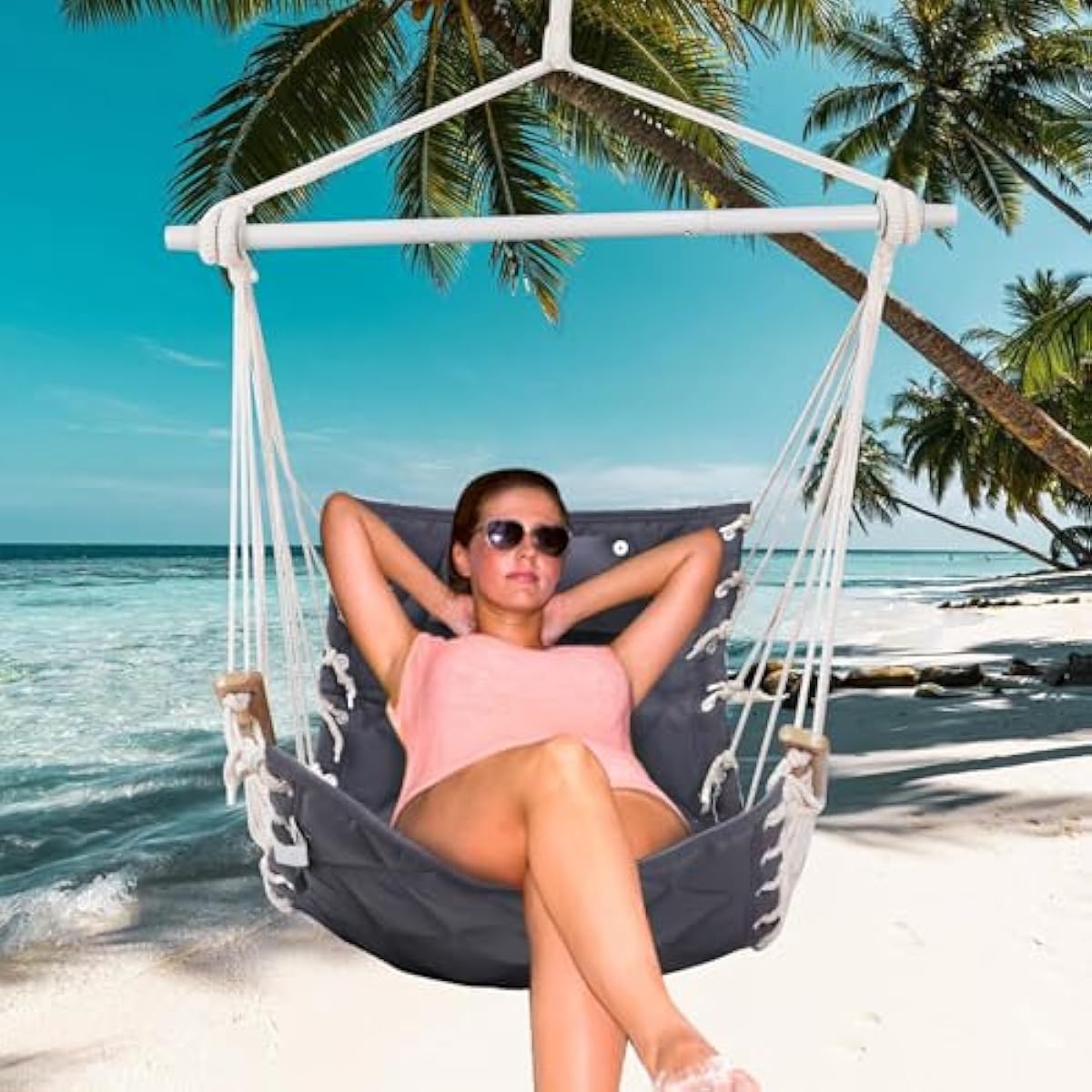Hammock Chair Hanging Swing with Wooden Armrest;Steel Spreader Bar,Pillows,Hardware kit Included;Cotton Woven Fabric;Up to 350 Lbs,for Indoor or Outdoor