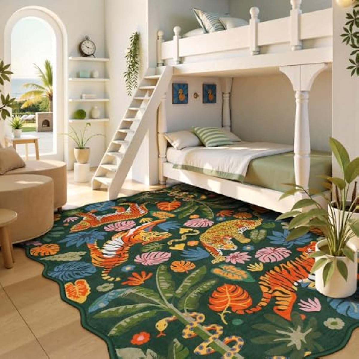 LEEVAN Jungle Animal Nursery Rugs 5x7, Washable Green Tiger Living Room Rugs Non Slip Scalloped Tiger Bedroom Rug, Low Pile Leopard Floor Carpet Leaf Print Kids Rug